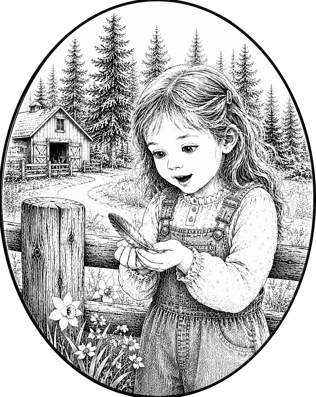 The little girl lifting the golden feather from the fence